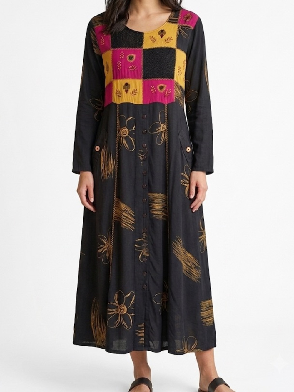 April Cornell Patchwork Embroidered Maxi Dress Long Sleeve Large Cottagecore